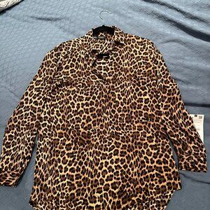Leopard print oversized half button down shirt